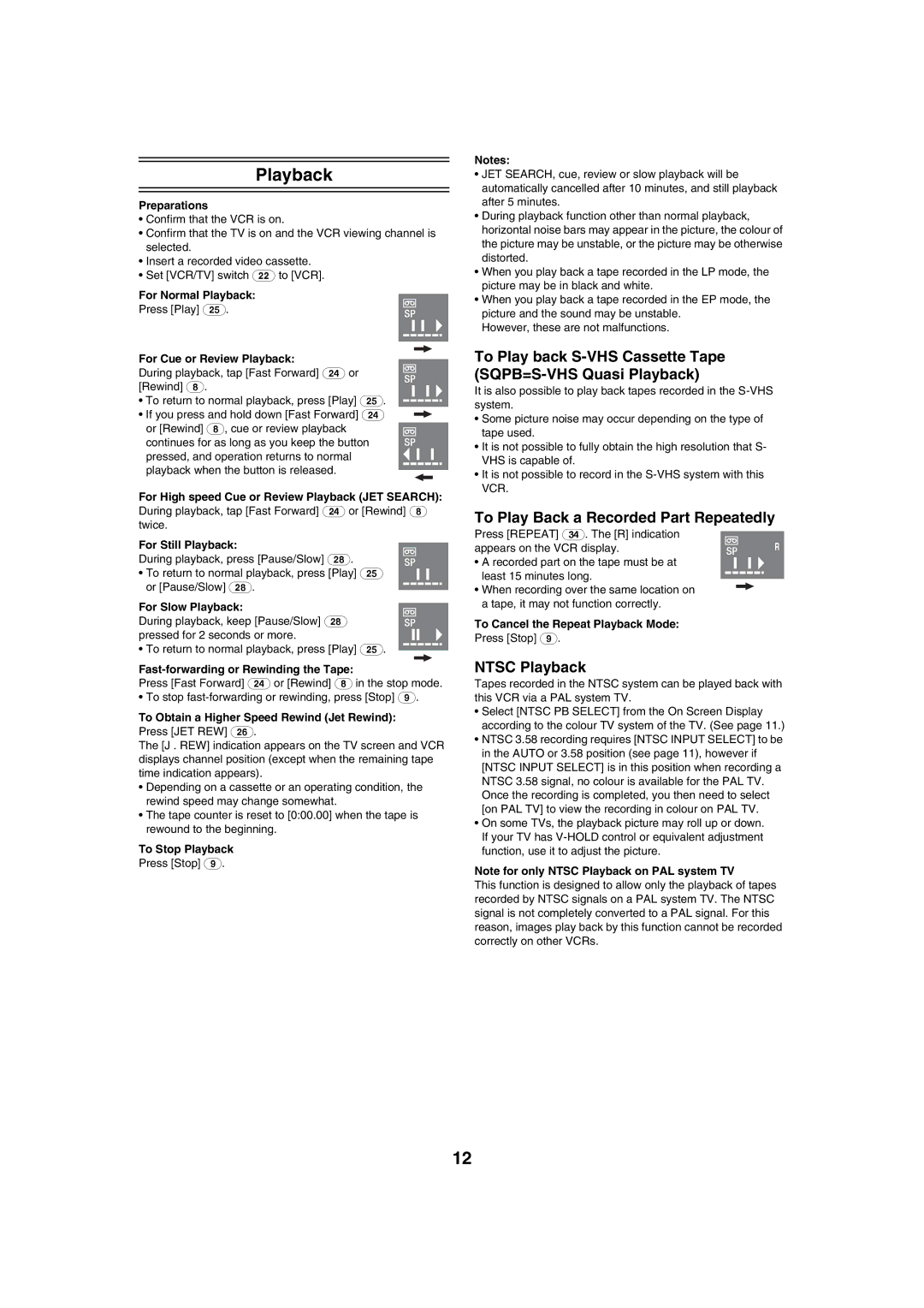 Panasonic NV-HV60 To Play back S-VHS Cassette Tape SQPB=S-VHS Quasi Playback, To Play Back a Recorded Part Repeatedly 