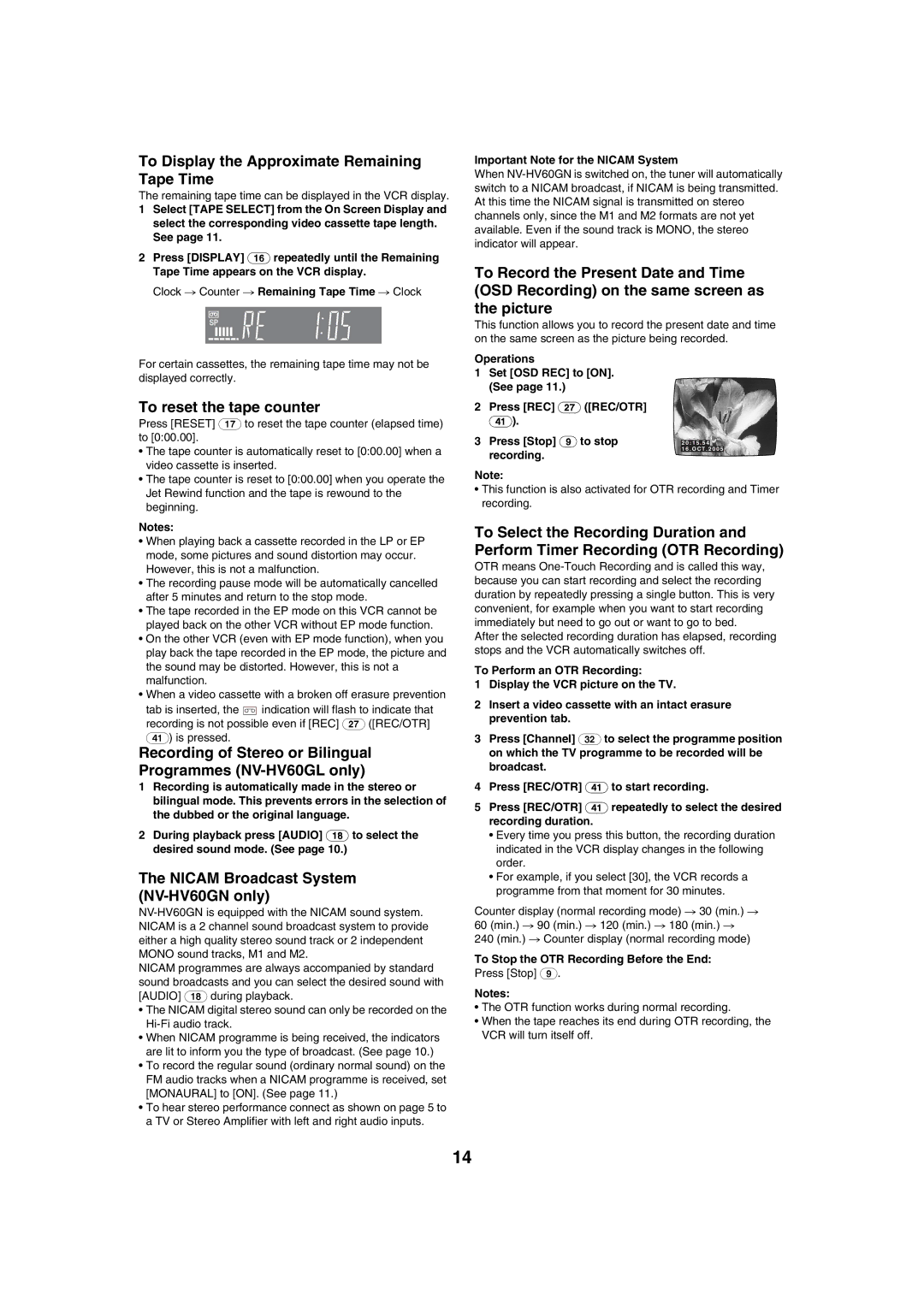 Panasonic NV-HV60 specifications To Display the Approximate Remaining Tape Time, To reset the tape counter 