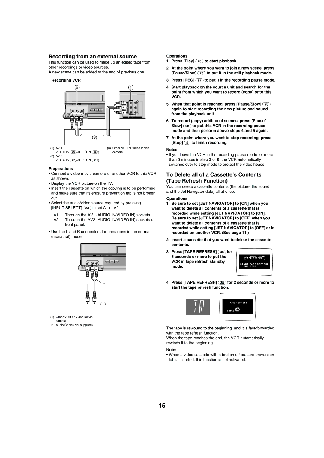 Panasonic NV-HV60 specifications Recording from an external source, Recording VCR, VCR in tape refresh standby, Mode 