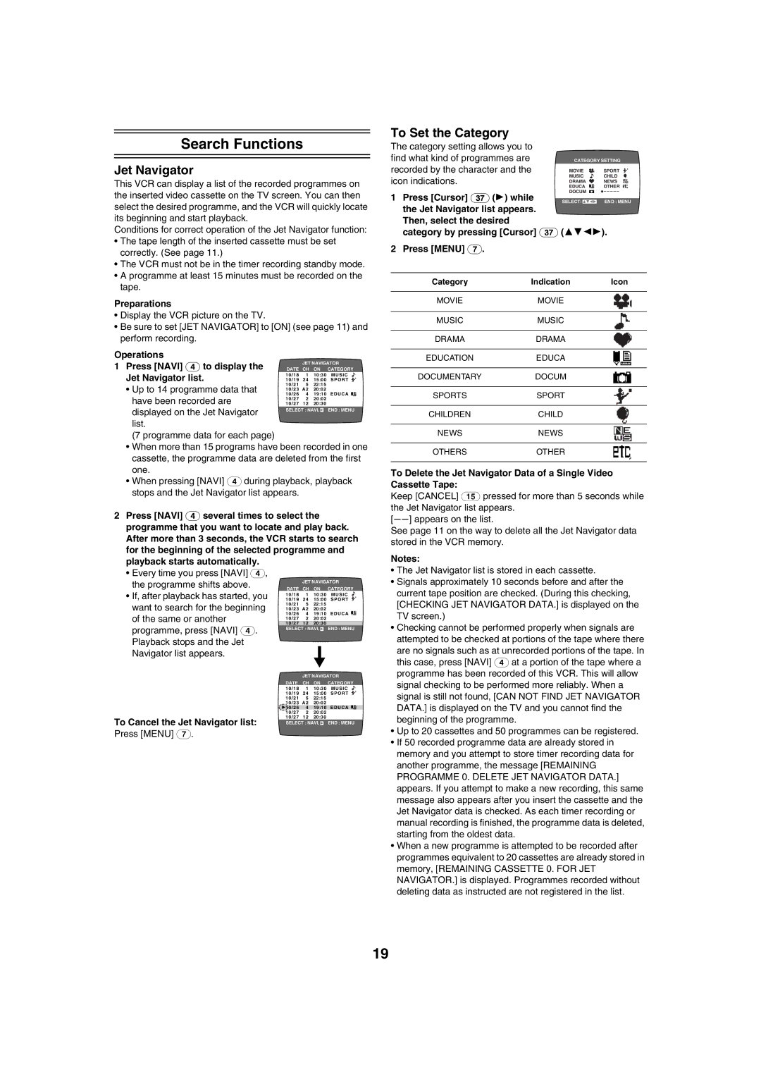 Panasonic NV-HV60 To Set the Category, Category setting allows you to, Recorded by the character, Icon indications 