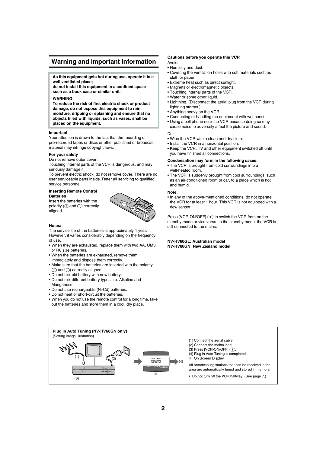 Panasonic NV-HV60 For your safety, Inserting Remote Control Batteries, Condensation may form in the following cases 