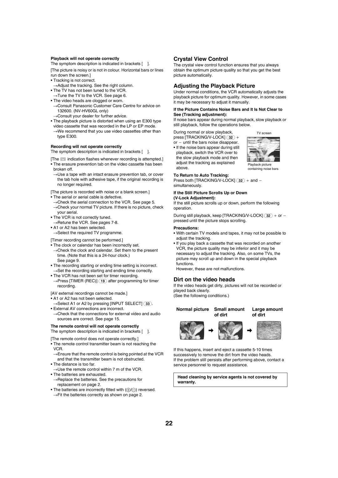 Panasonic NV-HV60 specifications Crystal View Control, Adjusting the Playback Picture, Dirt on the video heads 