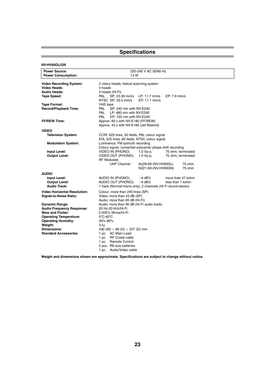 Panasonic NV-HV60 specifications Specifications 