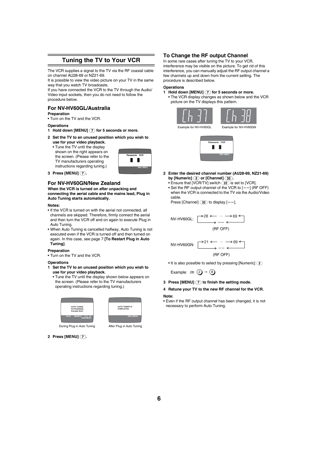 Panasonic specifications Tuning the TV to Your VCR, For NV-HV60GL/Australia, For NV-HV60GN/New Zealand 