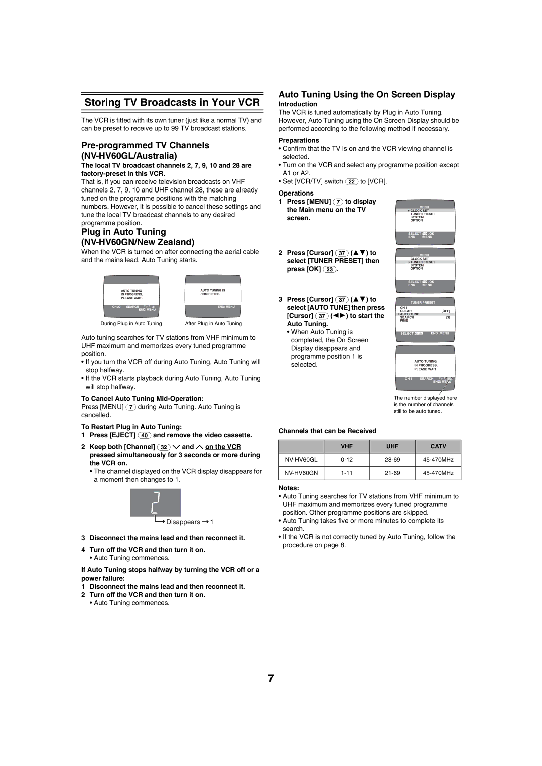 Panasonic specifications Storing TV Broadcasts in Your VCR, Pre-programmed TV Channels NV-HV60GL/Australia 