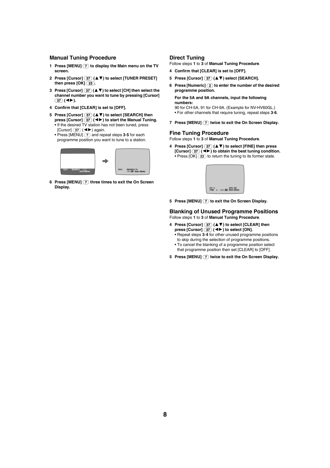 Panasonic NV-HV60 Manual Tuning Procedure, Direct Tuning, Fine Tuning Procedure, Blanking of Unused Programme Positions 