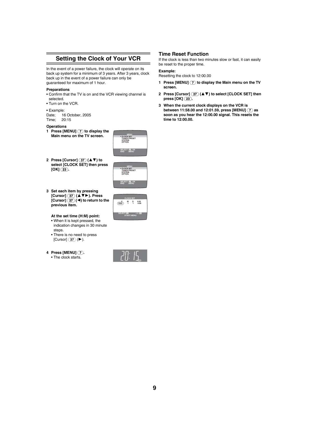 Panasonic NV-HV60 specifications Setting the Clock of Your VCR, Time Reset Function 