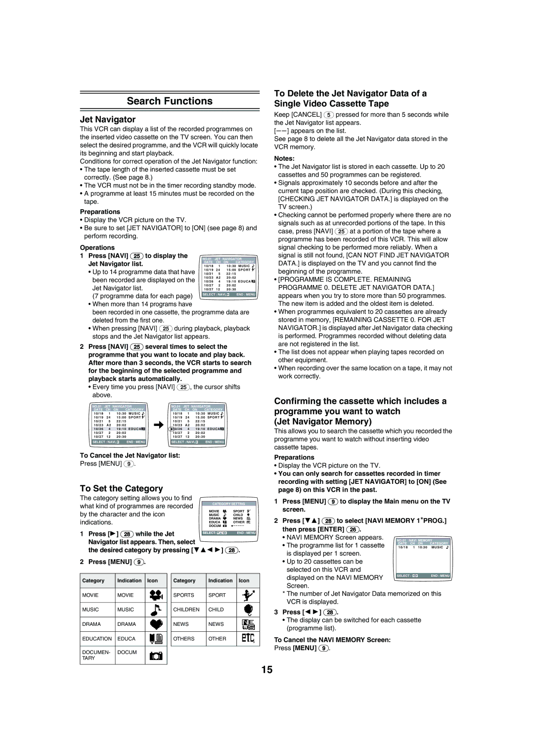 Panasonic NV-HV61 specifications Search Functions, Jet Navigator, To Set the Category 