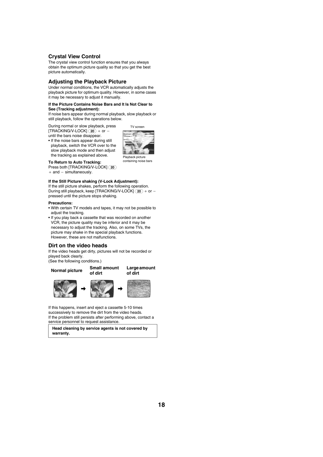 Panasonic NV-HV61 specifications Crystal View Control, Adjusting the Playback Picture, Dirt on the video heads 