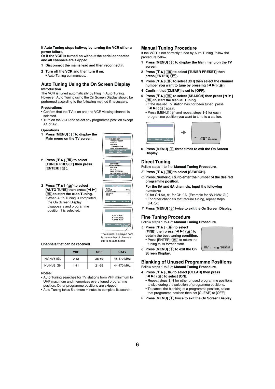 Panasonic NV-HV61 Auto Tuning Using the On Screen Display, Manual Tuning Procedure, Direct Tuning, Fine Tuning Procedure 