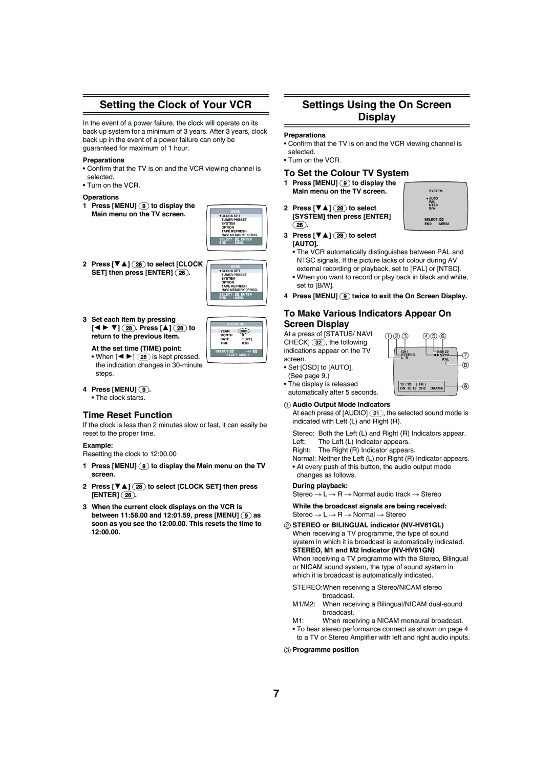 Panasonic NV-HV61 Setting the Clock of Your VCR, Settings Using the On Screen Display, To Set the Colour TV System 