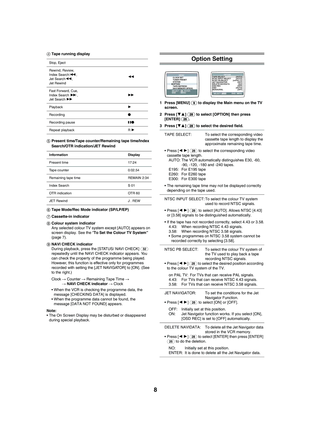 Panasonic NV-HV61 specifications Option Setting, Tape running display, # Navi Check indicator # Clock 