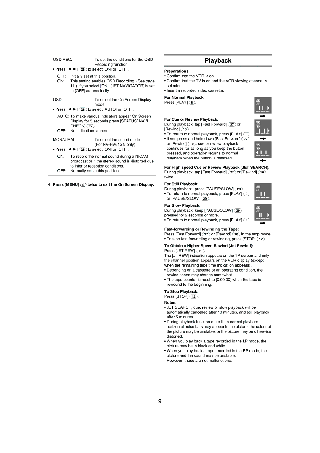 Panasonic NV-HV61 specifications Playback 