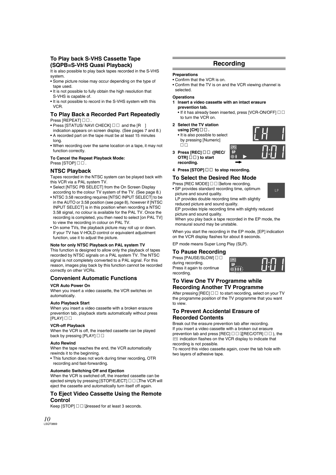 Panasonic NV-HV62GN, NV-HV62GL specifications Recording 