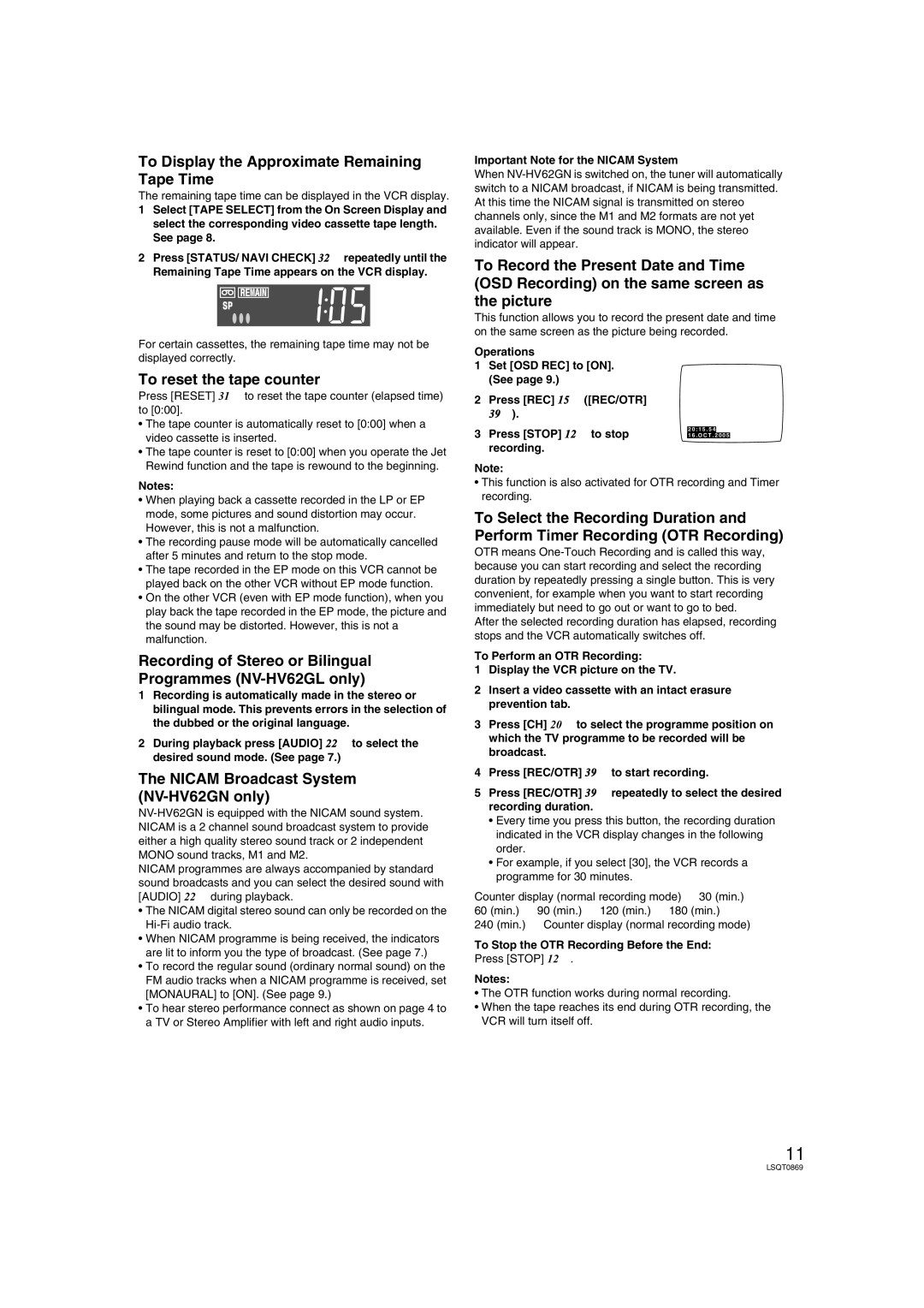 Panasonic NV-HV62GL, NV-HV62GN specifications To Display the Approximate Remaining Tape Time, To reset the tape counter 