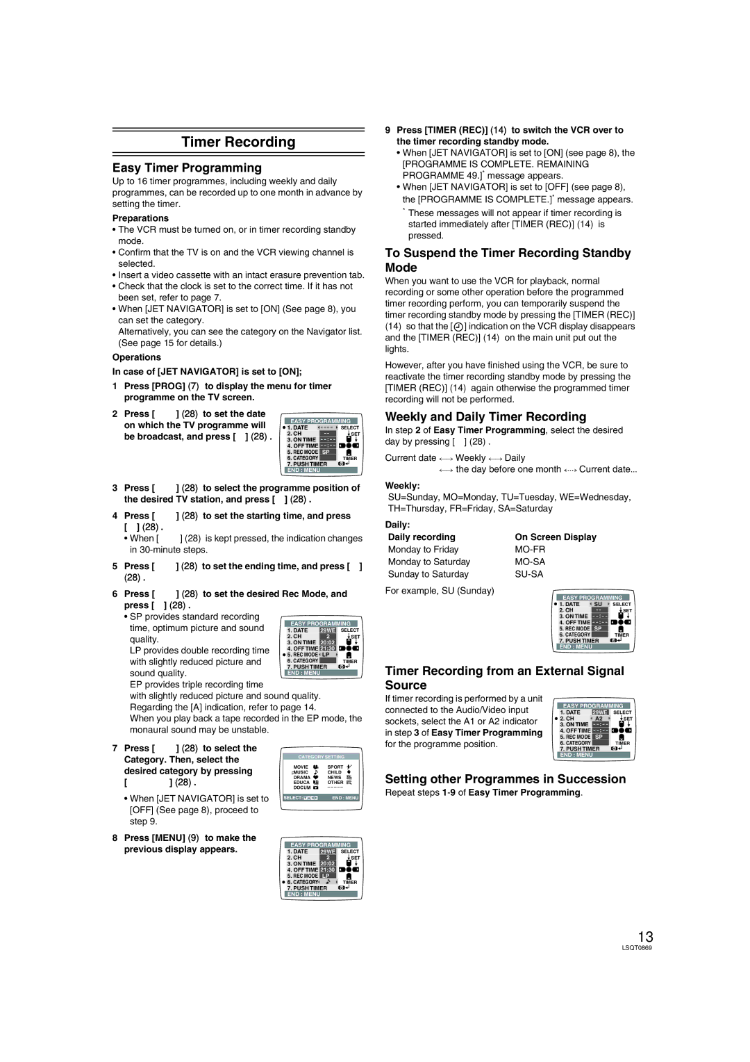 Panasonic NV-HV62GL, NV-HV62GN specifications Timer Recording 