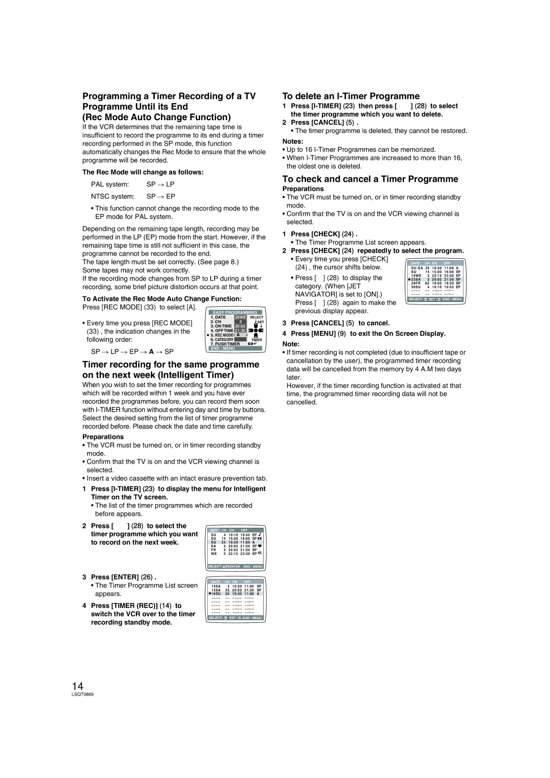 Panasonic NV-HV62GN, NV-HV62GL specifications To delete an I-Timer Programme, To check and cancel a Timer Programme 