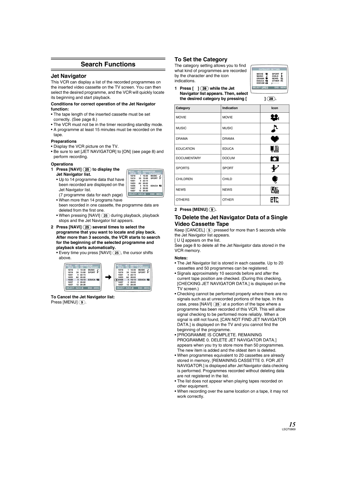 Panasonic NV-HV62GL, NV-HV62GN specifications Search Functions, Jet Navigator, To Set the Category 