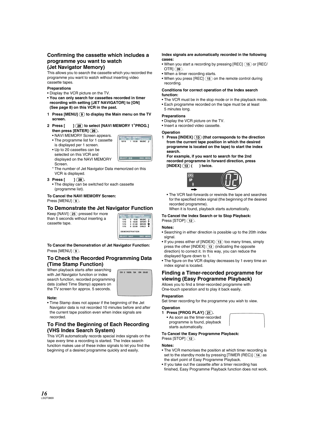 Panasonic NV-HV62GN To Demonstrate the Jet Navigator Function, To Check the Recorded Programming Data Time Stamp Function 