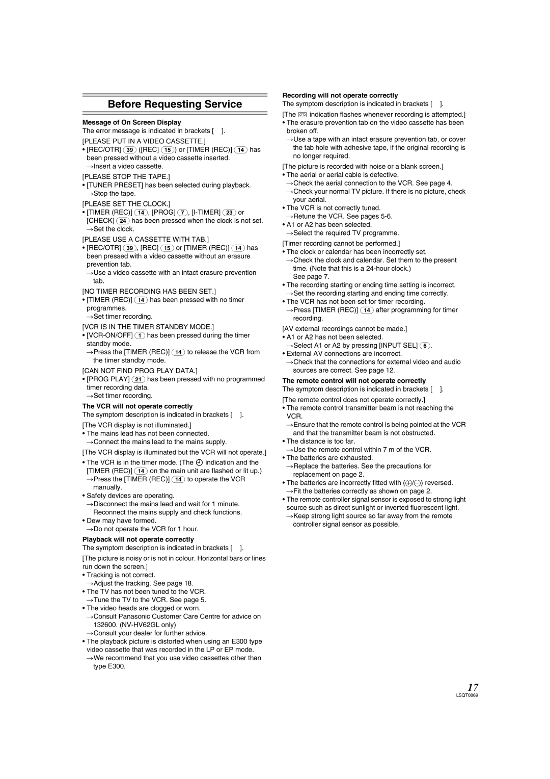 Panasonic NV-HV62GL, NV-HV62GN specifications Before Requesting Service 