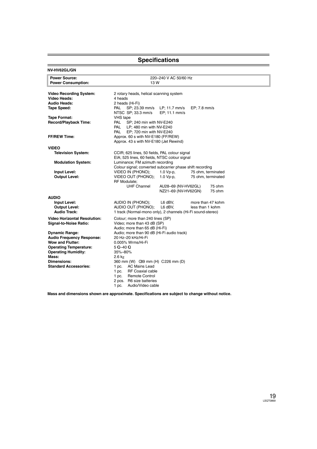 Panasonic NV-HV62GL, NV-HV62GN specifications Specifications 