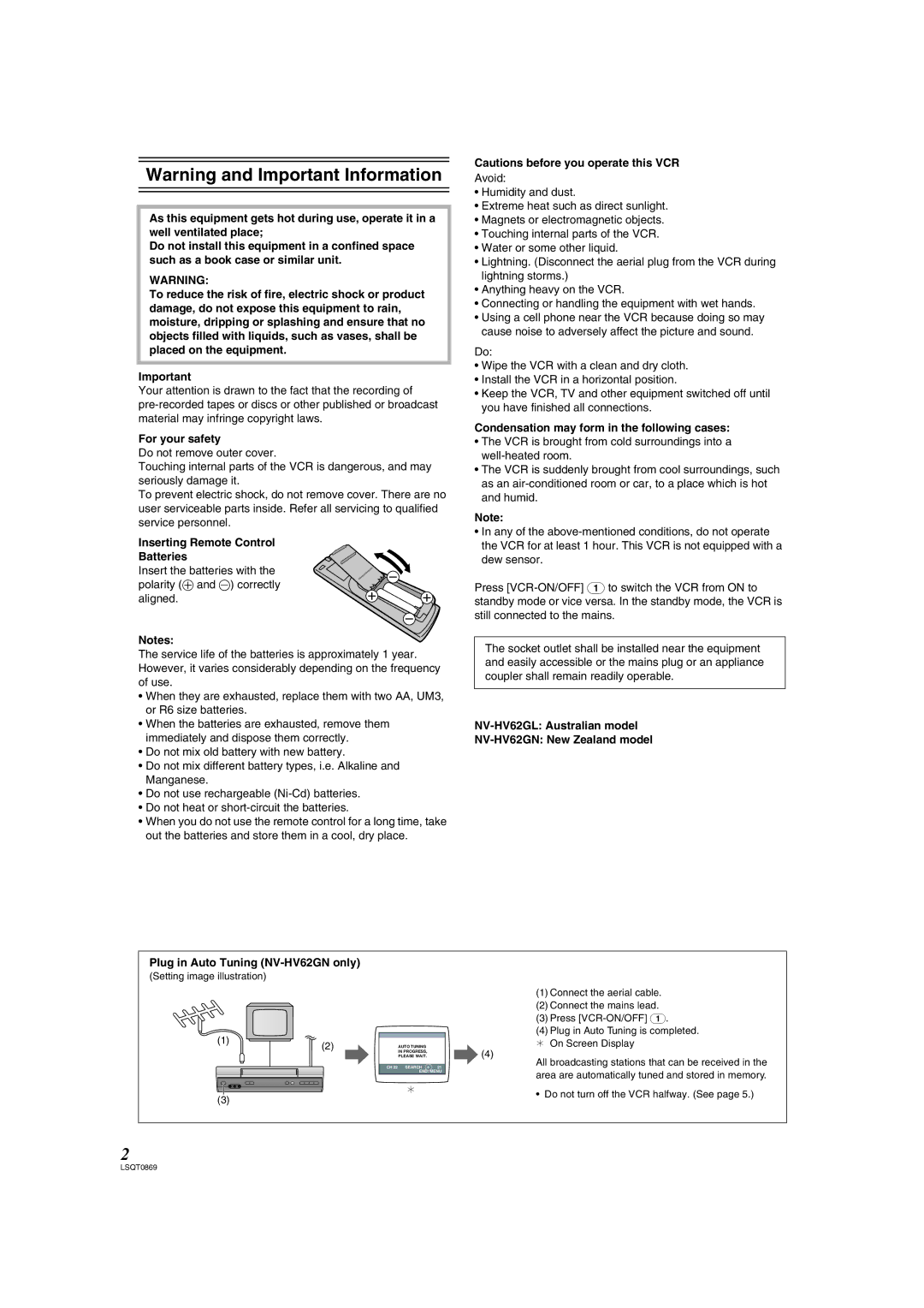 Panasonic NV-HV62GN For your safety, Inserting Remote Control Batteries, Condensation may form in the following cases 