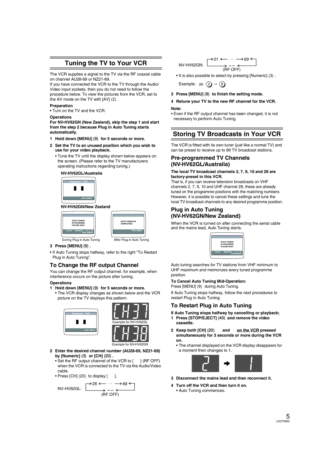 Panasonic NV-HV62GL, NV-HV62GN specifications Tuning the TV to Your VCR, Storing TV Broadcasts in Your VCR 