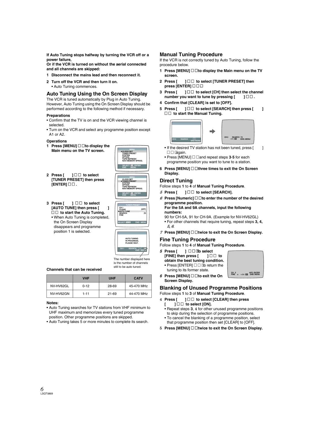 Panasonic NV-HV62GN Auto Tuning Using the On Screen Display, Manual Tuning Procedure, Direct Tuning, Fine Tuning Procedure 