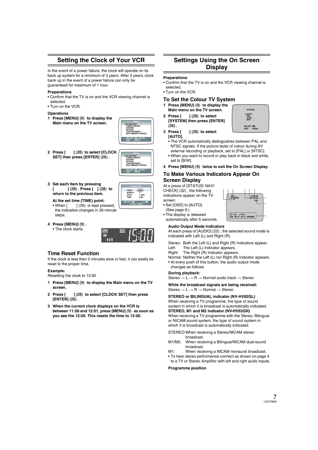 Panasonic NV-HV62GL Setting the Clock of Your VCR, Settings Using the On Screen Display, To Set the Colour TV System 