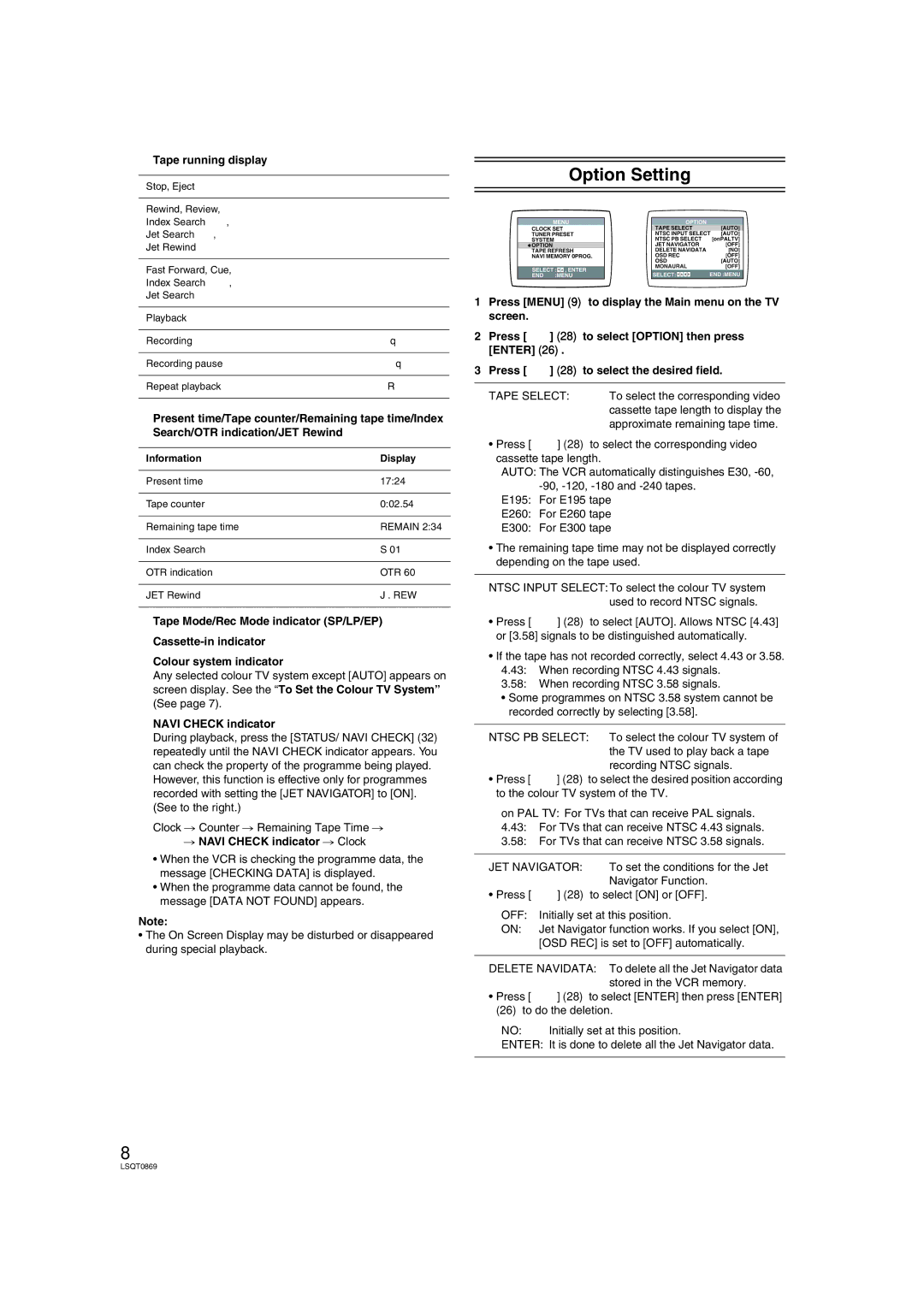 Panasonic NV-HV62GN, NV-HV62GL specifications Option Setting, Tape running display, # Navi Check indicator # Clock 