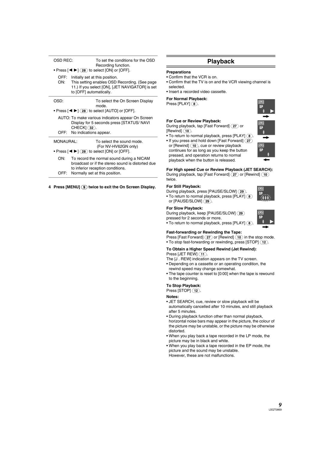 Panasonic NV-HV62GL, NV-HV62GN specifications Playback 