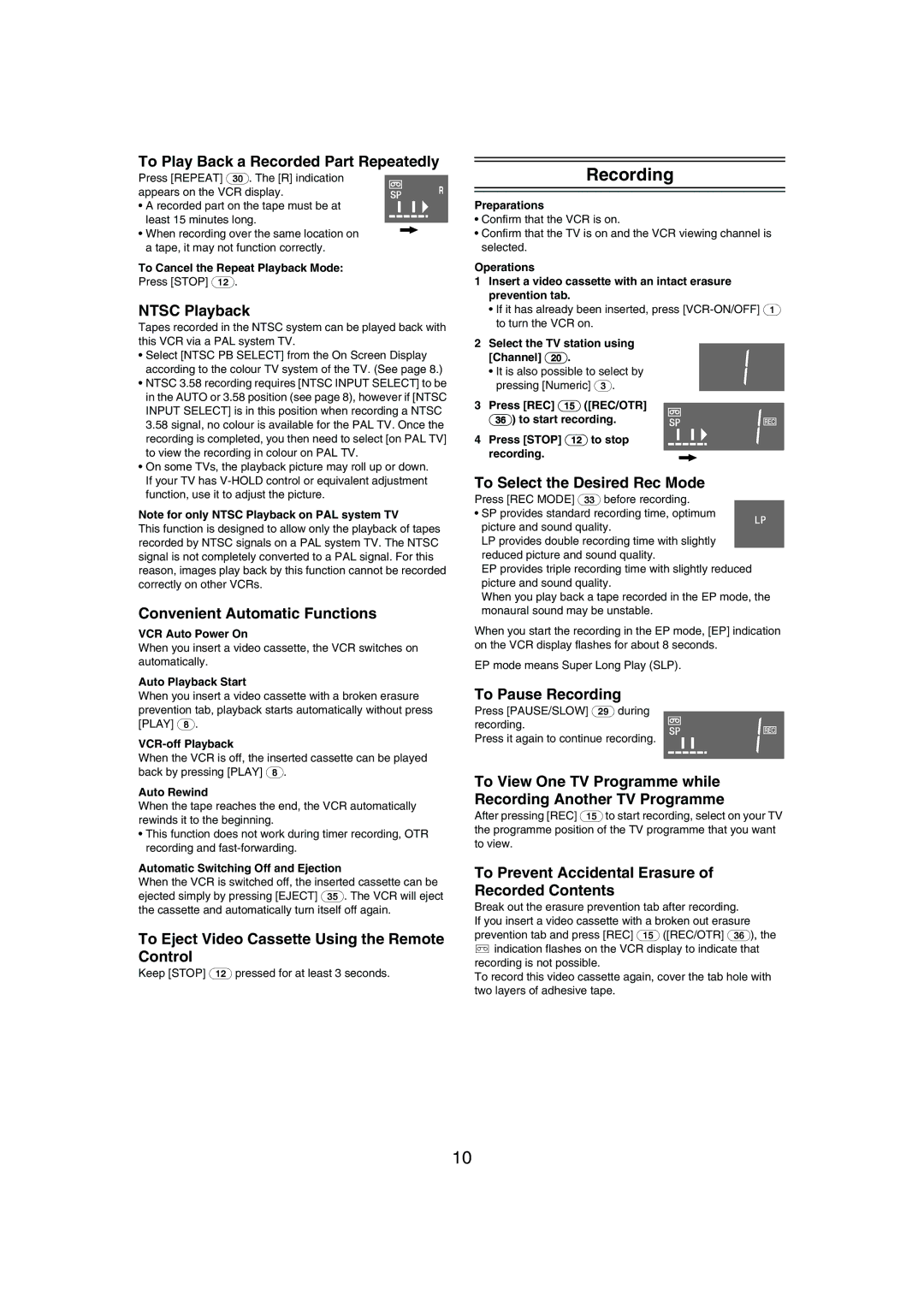 Panasonic NV-MV21 Series specifications Recording 