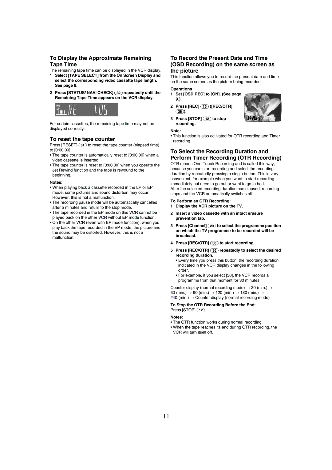 Panasonic NV-MV21 Series specifications To Display the Approximate Remaining Tape Time, To reset the tape counter 