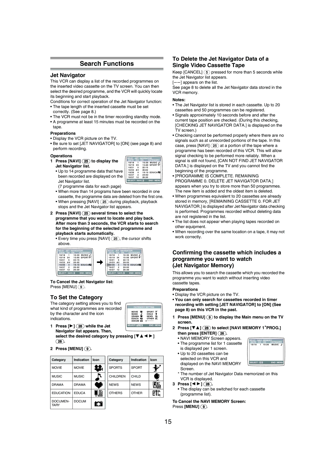 Panasonic NV-MV21 Series specifications Search Functions, Jet Navigator, To Set the Category 