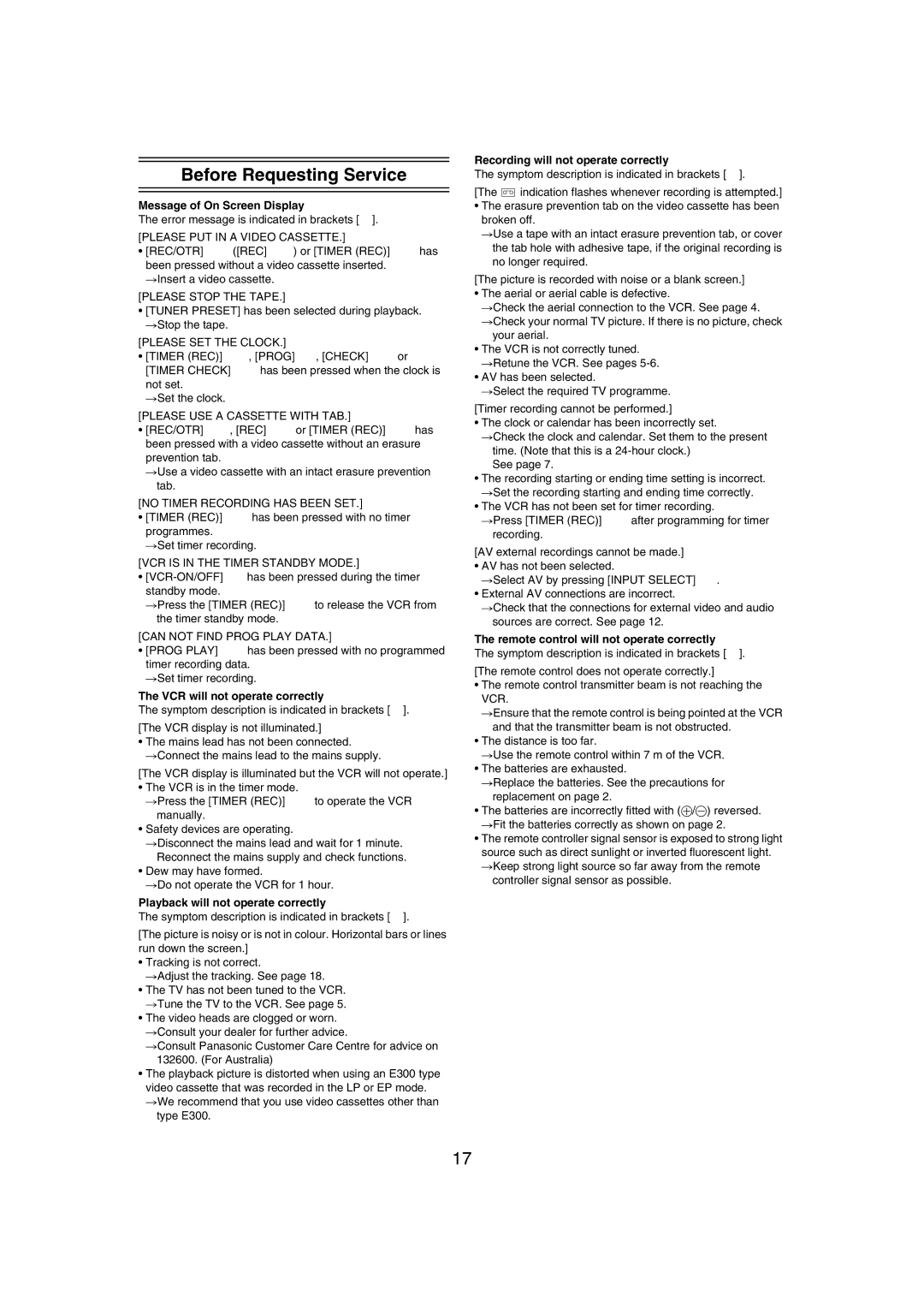 Panasonic NV-MV21 Series specifications Before Requesting Service 