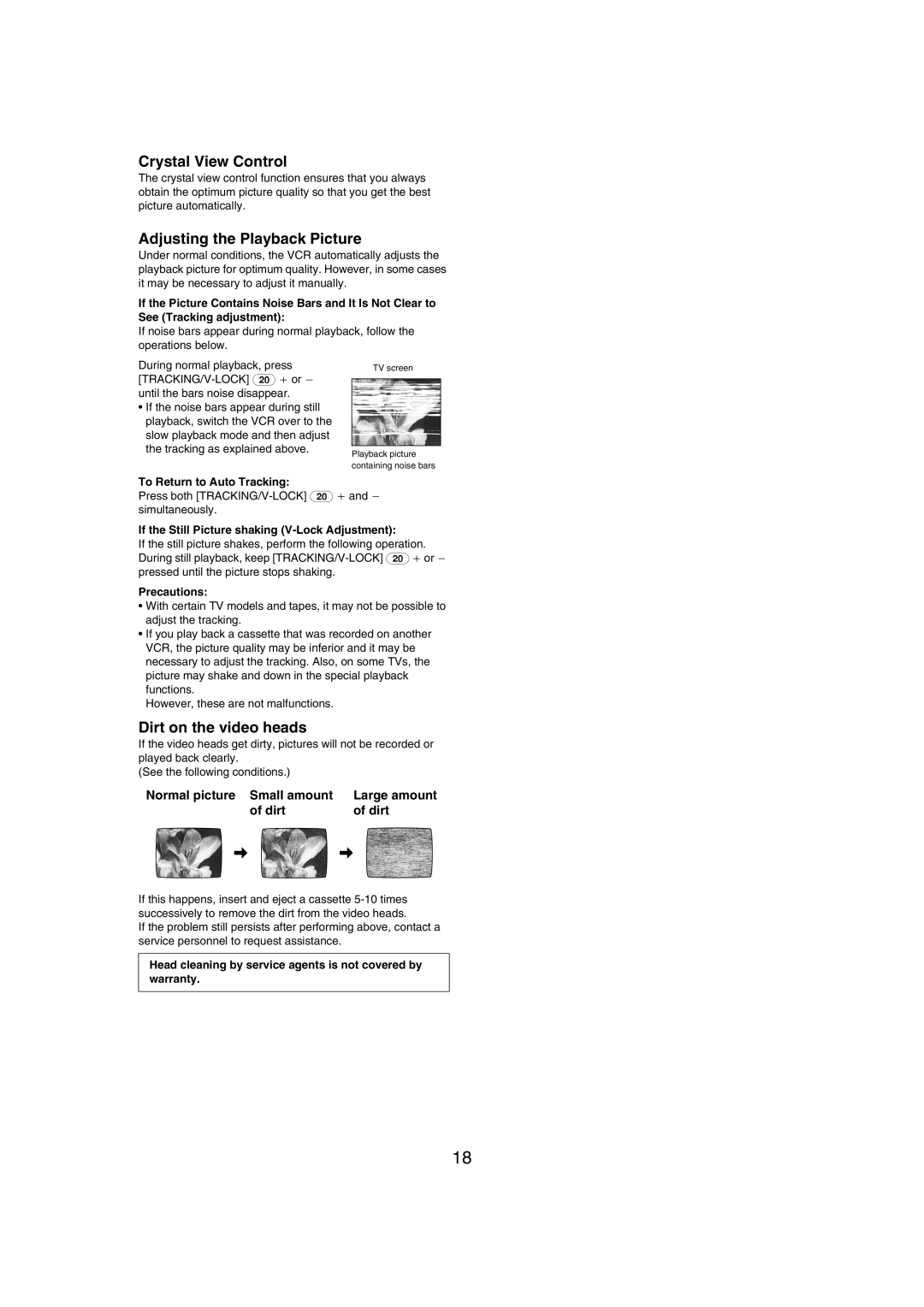 Panasonic NV-MV21 Series specifications Crystal View Control, Adjusting the Playback Picture, Dirt on the video heads 