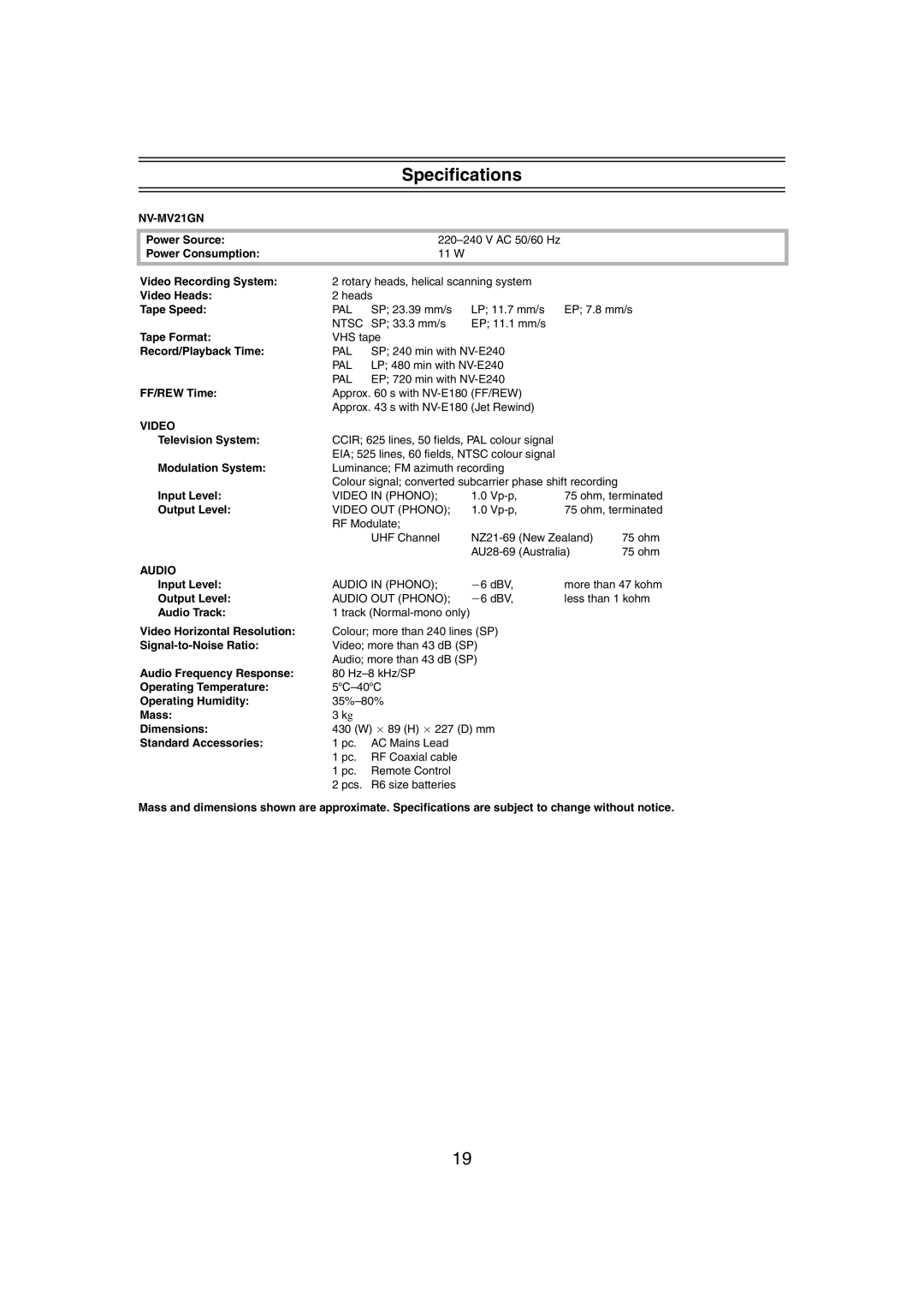 Panasonic NV-MV21 Series specifications Specifications 