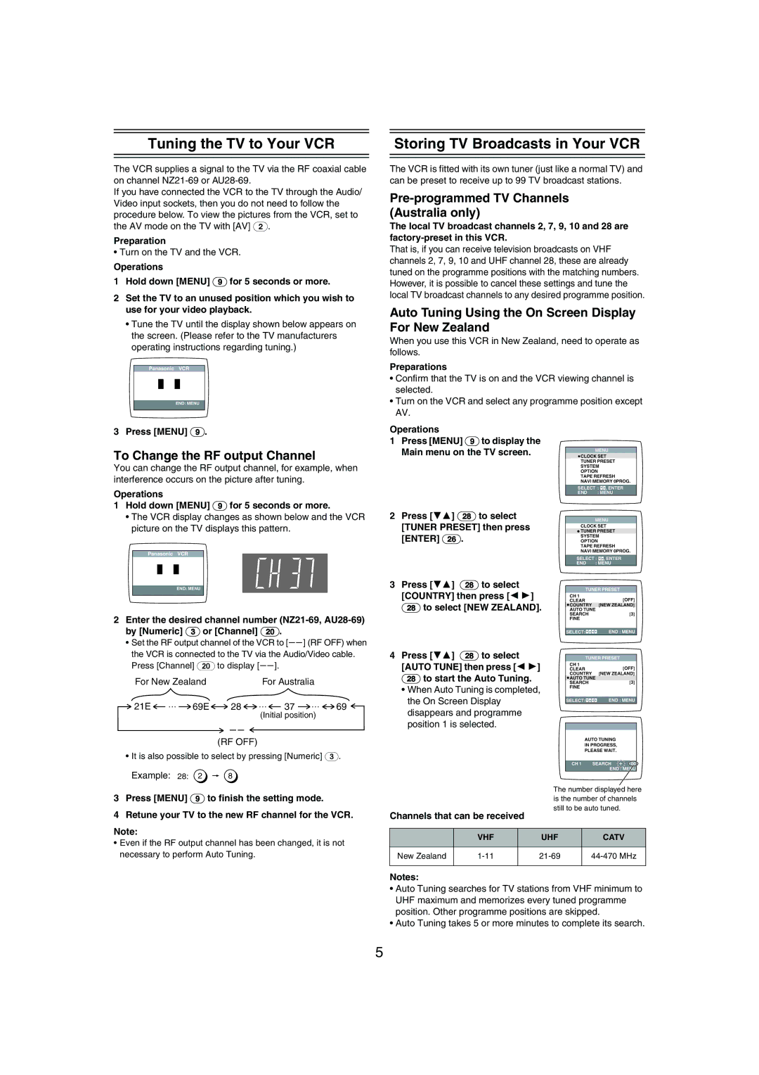 Panasonic NV-MV21 Series Tuning the TV to Your VCR, Storing TV Broadcasts in Your VCR, To Change the RF output Channel 