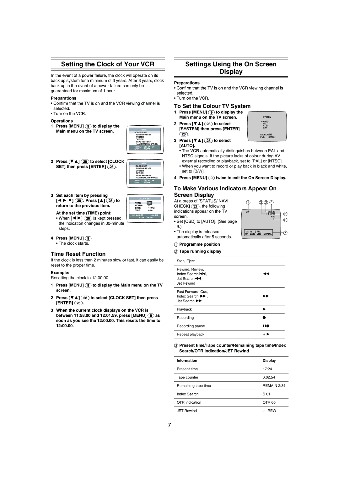 Panasonic NV-MV21 Series Setting the Clock of Your VCR, Settings Using the On Screen Display, To Set the Colour TV System 