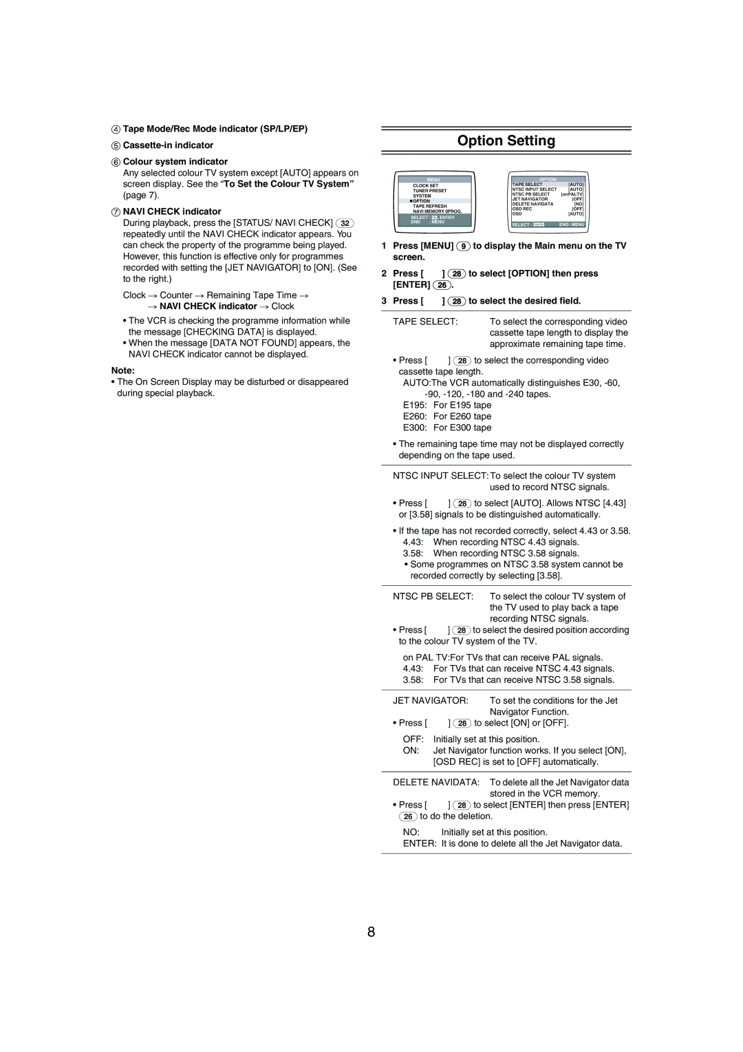 Panasonic NV-MV21 Series specifications Option Setting, # Navi Check indicator # Clock 