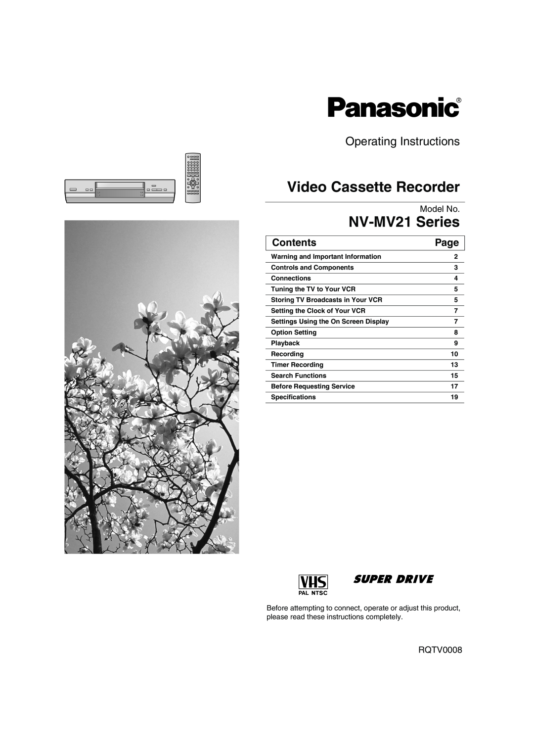 Panasonic NV-MV21 Series specifications Contents, Page, Video Cassette Recorder, Operating Instructions, Model No 