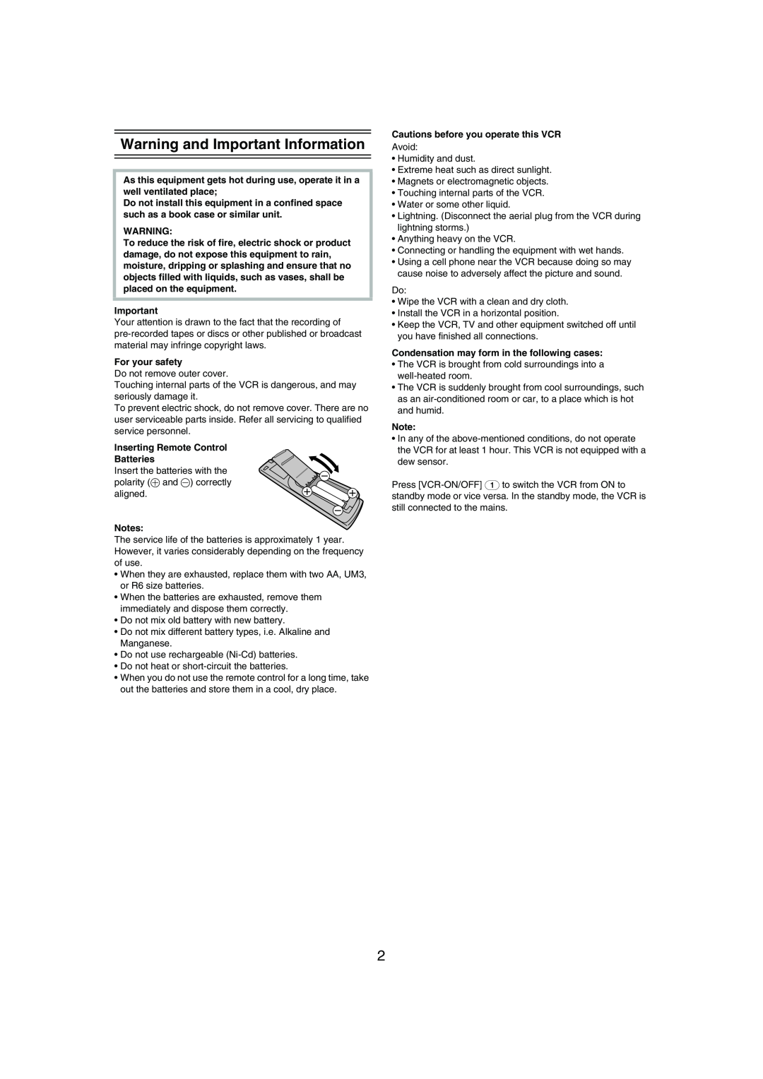 Panasonic NV-MV21 Series Warning and Important Information, For your safety, Inserting Remote Control Batteries 