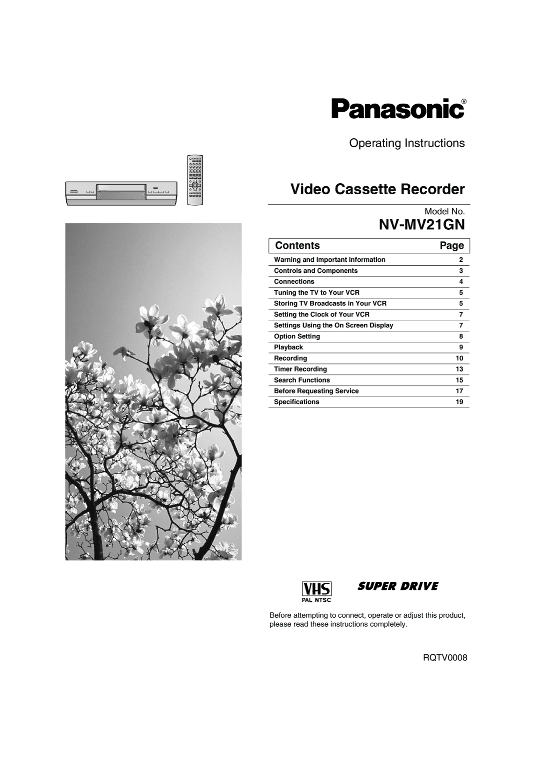 Panasonic NV-MV21GN specifications Contents 