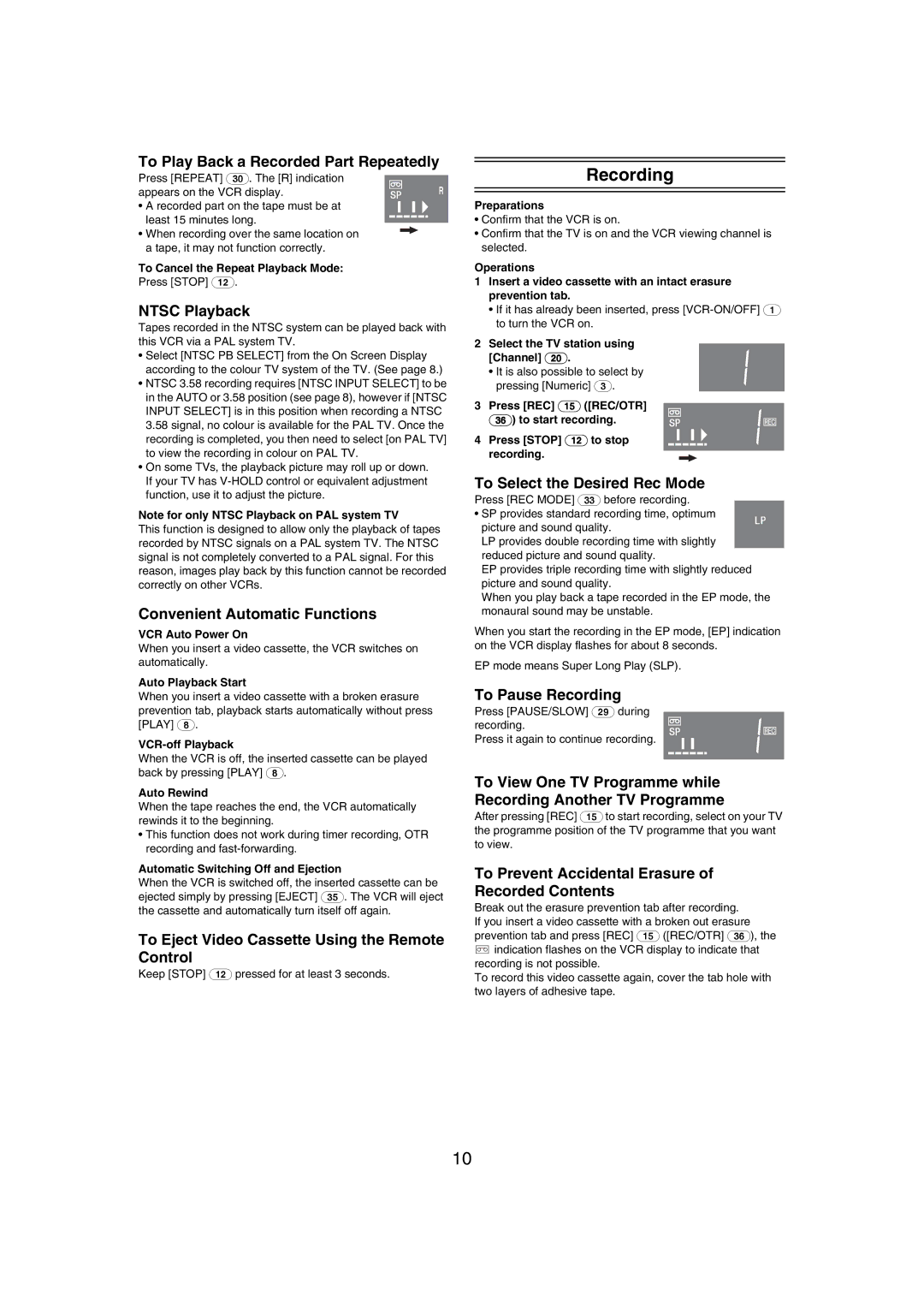 Panasonic NV-MV21GN specifications Recording 