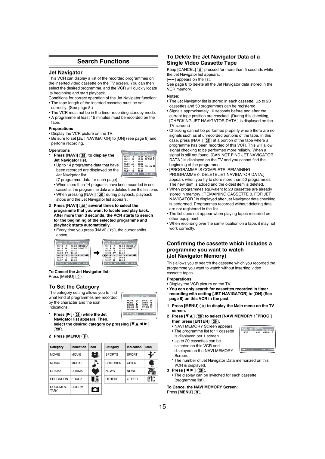 Panasonic NV-MV21GN specifications Search Functions, Jet Navigator, To Set the Category 