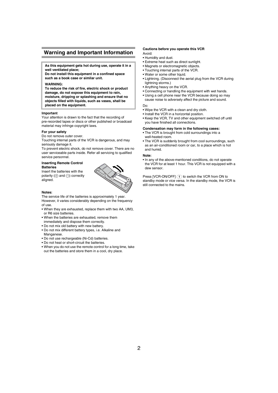 Panasonic NV-MV21GN For your safety, Inserting Remote Control Batteries, Condensation may form in the following cases 