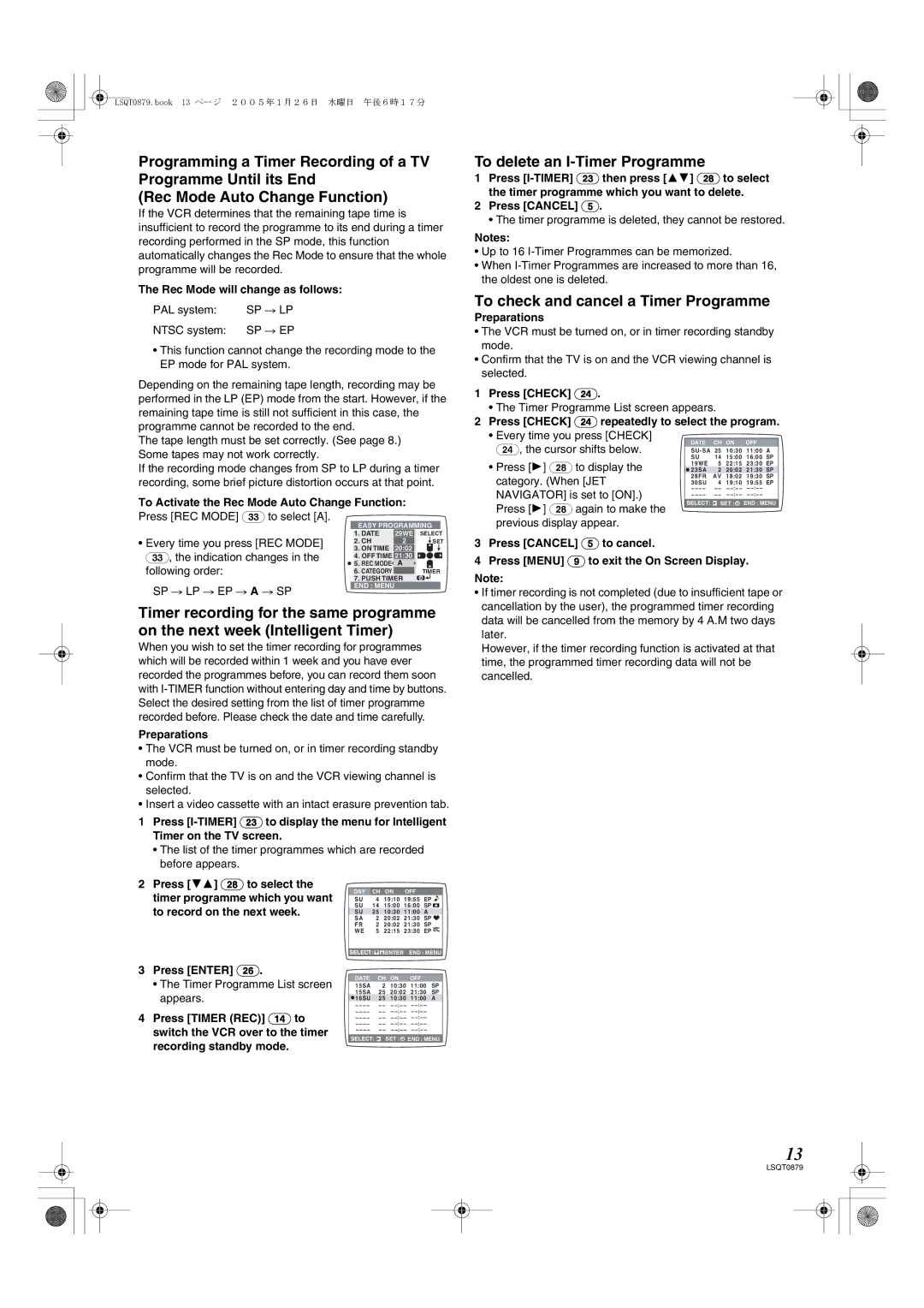 Panasonic NV-MV22GN specifications To delete an I-Timer Programme, To check and cancel a Timer Programme 