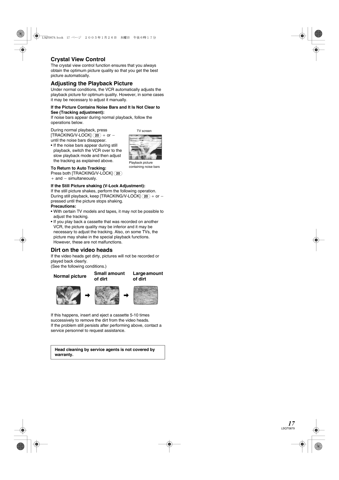 Panasonic NV-MV22GN specifications Crystal View Control, Adjusting the Playback Picture, Dirt on the video heads 