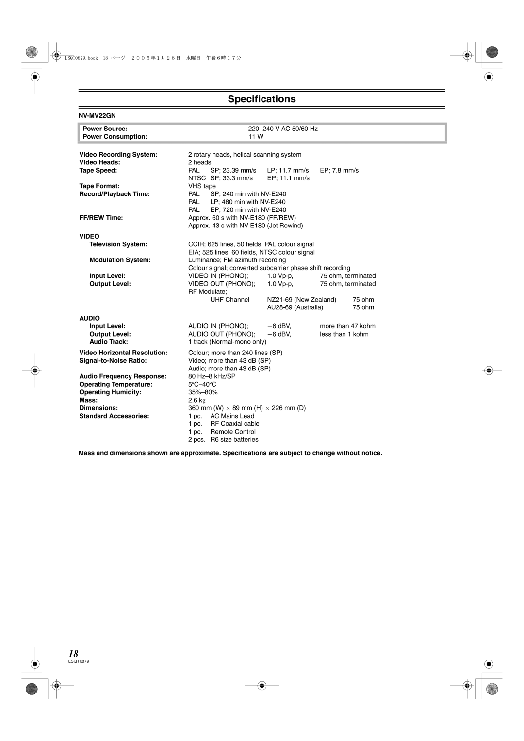 Panasonic NV-MV22GN specifications Specifications 