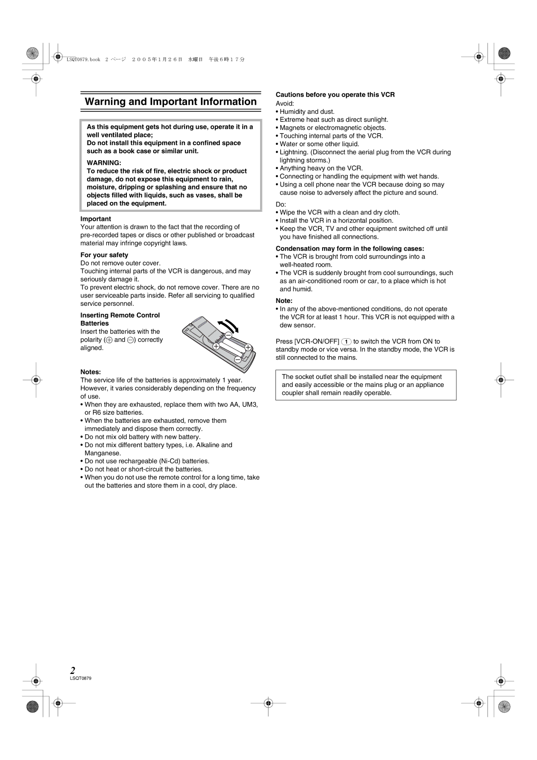 Panasonic NV-MV22GN For your safety, Inserting Remote Control Batteries, Condensation may form in the following cases 